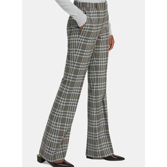 THEORY Demitria Pants Womens 0 Brown Black Plaid Wool Flare Leg Mid Rise Stretch - Picture 1 of 16